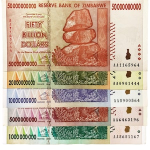 Zimbabwe 1, 5, 10, 20, 50 Billion Dollar Bills Money Currency Hyperinflation Trillion Series