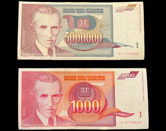 Yugoslavia 1993 Nikola Tesla 1000 & 5 Million Dinara Banknote Currency Money