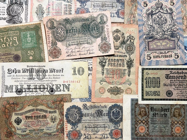 100+ år gamla 5 slumpmässiga vintagesedlar antika pengar set valuta kontanter gåva bild 1