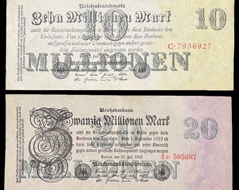 Tyskland 10 och 20 miljoner mark sedlar 1923, efter första världskriget, Kaiser