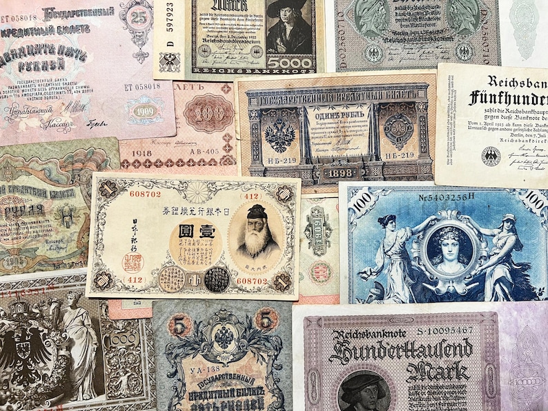 100+ år gamla 5 slumpmässiga vintagesedlar antika pengar set valuta kontanter gåva bild 3