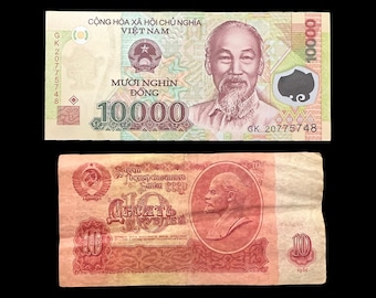 Vietnam 10000 Dong Banknote & 10 Ruble 1961 USSR CCCP Soviet Era Currency Money
