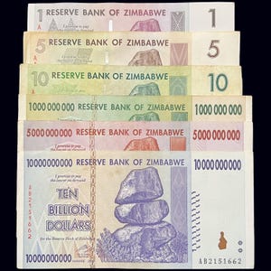 Zimbabwe 6 Banknotes Set 1 5 10 Dollars & 1 5 10 Billion Dollar Money Currency Lot