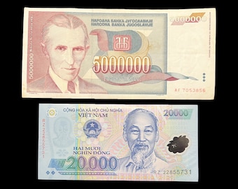 Vietnam 20000 Dong Banknote & Yugoslavia 5 Million Dinara Bill Currency Money