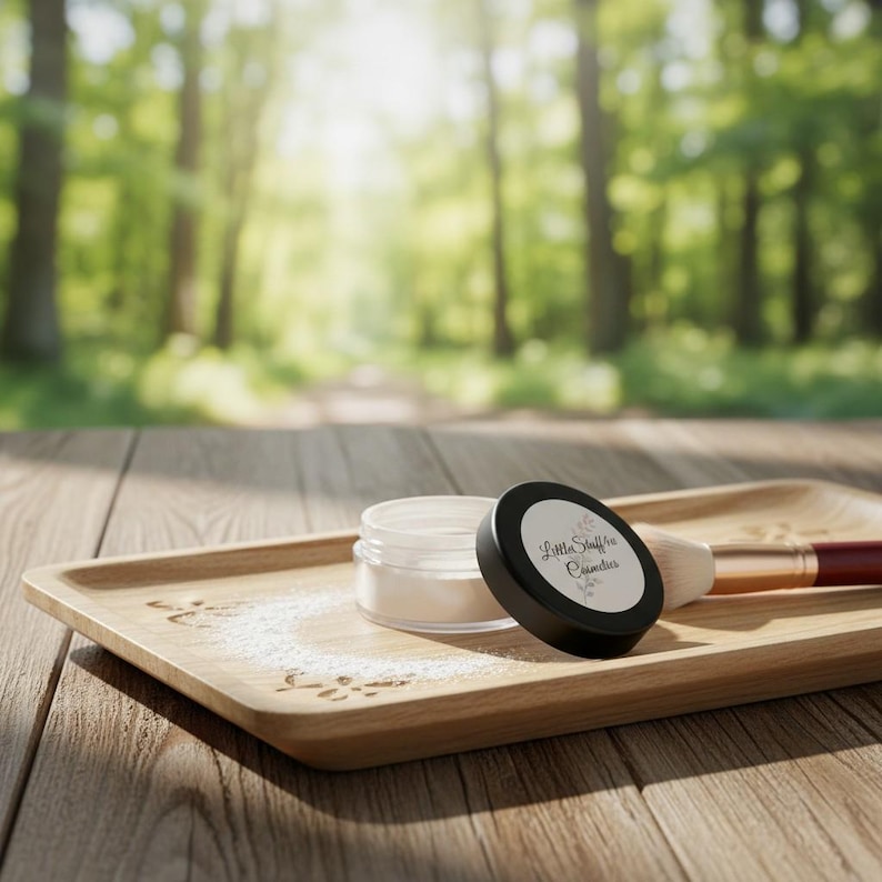 May include: A small, clear cosmetic jar with a black lid featuring the text Little Stuff Cosmetics, accompanied by a makeup brush with a wooden handle, both resting on a light-coloured wooden tray with a subtle floral engraving on the surface.