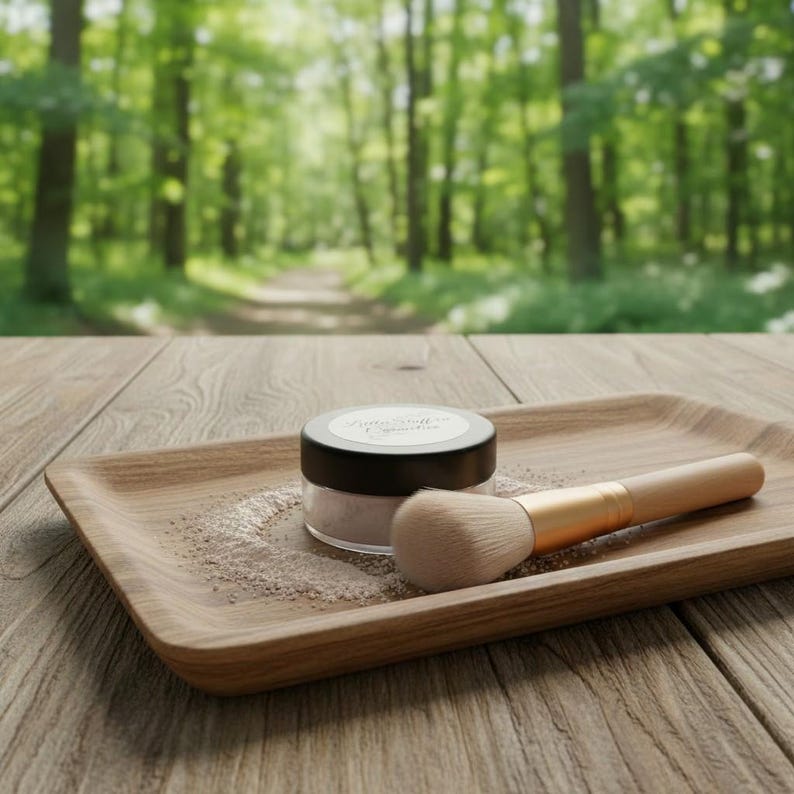 May include: A round cosmetic jar with a black lid and a makeup brush with a light-coloured head and a wooden handle, both resting on a rectangular wooden tray with a small amount of loose powder scattered around the base of the jar.
