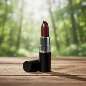 Pode incluir: Um batom vermelho escuro com base preta e detalhes prateados. O batom est&aacute; aberto, revelando a cor, e a tampa est&aacute; ao lado sobre uma superf&iacute;cie de madeira. O fundo &eacute; uma vista desfocada de uma floresta verde.