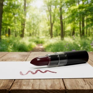 Pode incluir: Um batom bord&ocirc; escuro com um tubo preto e uma tampa transparente repousa sobre uma superf&iacute;cie branca, com uma amostra correspondente desenhada ao lado. O batom est&aacute; sobre uma mesa de madeira com um fundo de floresta desfocado.