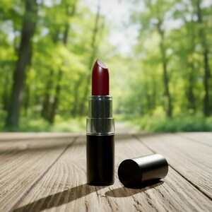 Pode incluir: Um batom vermelho escuro num tubo preto com uma tampa transparente, colocado numa superf&iacute;cie de madeira. A tampa est&aacute; fora e ao lado do batom. O fundo &eacute; uma vista desfocada de uma floresta verde.