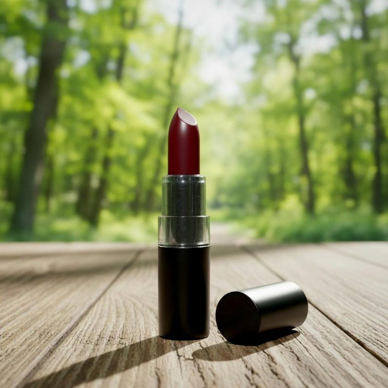 Pode incluir: Um batom vermelho escuro num tubo preto com uma tampa transparente, colocado numa superf&iacute;cie de madeira. A tampa est&aacute; fora e ao lado do batom. O fundo &eacute; uma vista desfocada de uma floresta verde.