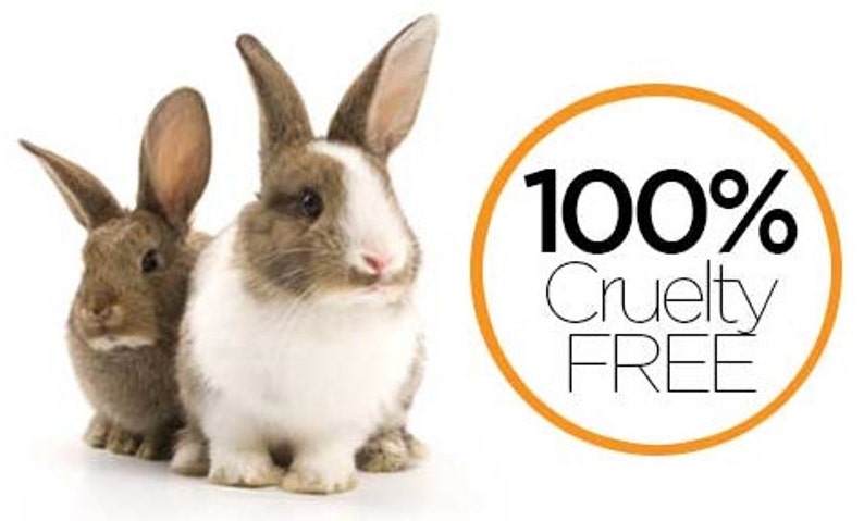 May include: Two rabbits are positioned side by side. One rabbit is solid brown, while the other is white with brown patches. To the right, an orange circular border encloses the black text 100% Cruelty FREE, indicating a standard for animal welfare.