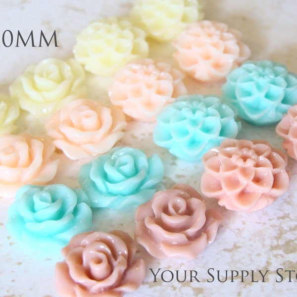 16 Pcs, Resin Flower Cabochons, Mum and Rose 10mm, 4 Different Colors