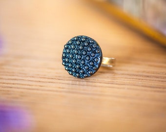 Petite bague ajustable bouton ancien 1940 18mm - bouton vintage - réglable laiton - bague bleue pâte de verre - bague 1,8cm - Bertille