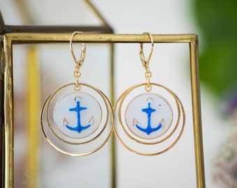 Earrings button old blue marine anchor of the 1940s in glass paste and circles brass vintage jewelry for women - Marine