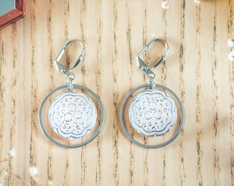 Earrings old white and silver button from the 1940s in glass paste and brass vintage jewelry for women - Ombeline