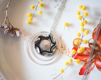 old button sautoir necklace - 1920 - stainless steel - silver and black vintage sautoir necklace - glass paste - chain 80 cm - Lunare Marcelle sautoir necklace