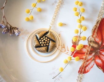 old button sautoir necklace - gold with fine gold - black and gold vintage button sautoir necklace - glass paste - chain 80 cm - Lunare Arlette sautoir necklace