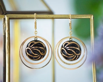 Earrings old gold and black button of the 1940s in glass paste and brass circles vintage jewelry for women - Andrée