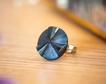 Adjustable ring button old 1940 23mm - vintage button ring - adjustable brass - blue ring night glass paste - ring 2.3cm - Angele