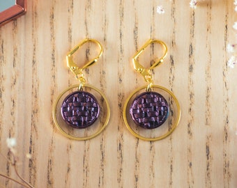 Small earrings old bronze button in reliefs of the 1940s in glass paste and brass vintage jewelry for women - Cécile