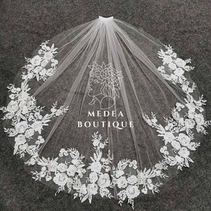 Velo da sposa con punta delle dita con bordo in pizzo floreale, velo da sposa ricamato con fiori, velo da sposa corto con applicazioni in pizzo floreale
