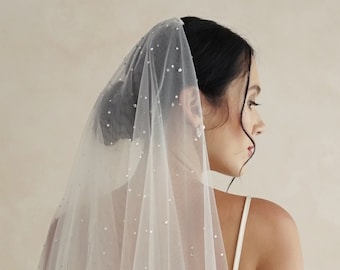 scattered rhinestone cathedral wedding veil | minimalist crystal drop veil with blusher
