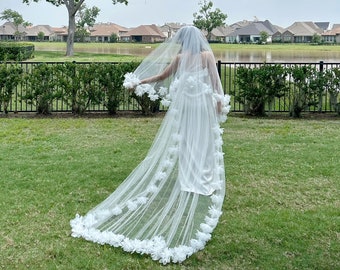 Large Flower Wedding Veil, 3D Floral Bridal Veil, Cathedral Veil with Blusher, Long Chapel Veil with Flower Edge