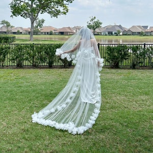 Large Flower Wedding Veil, 3D Floral Bridal Veil, Cathedral Veil with Blusher, Long Chapel Veil with Flower Edge