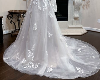 floral lace wedding dress, long sleeve wedding gown, open back deep V sleeveless boho wedding gown