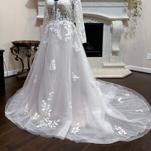 floral lace wedding dress, long sleeve wedding gown, open back deep V sleeveless boho wedding gown