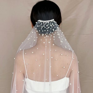 May include: A white tulle bridal veil with pearl embellishments. The veil is worn by a person with dark hair, but the veil is the focus of the image.