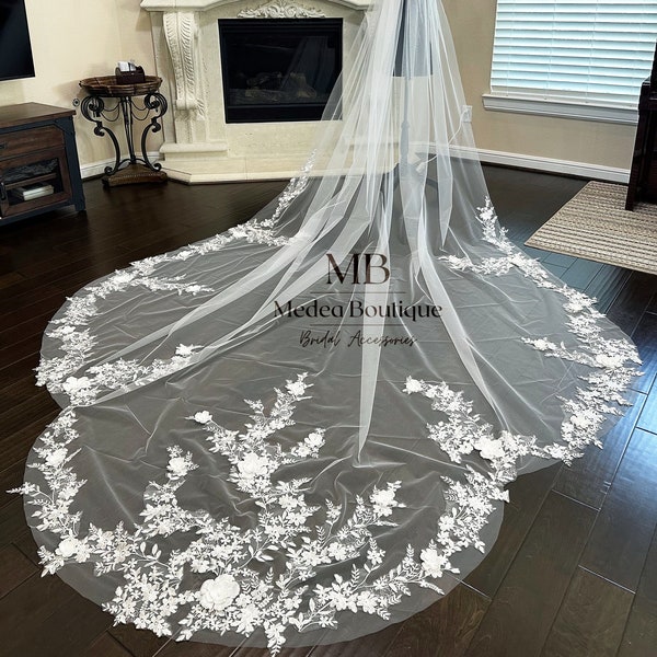 scallop edge luxury royal wedding veil with floral lace embellishment, wide cathedral flower veil with pearls