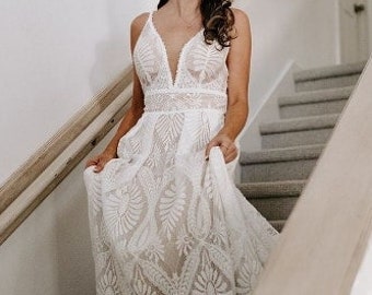 floral lace wedding dress for boho weddings, open back bohemian wedding dress for rustic garden wedding, sleeves V neck long bridal gown