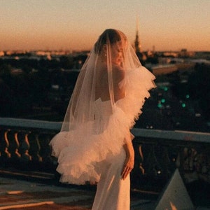 Ruffle Veil with Blusher Wedding Veil with Ruffled Hem Boho Bridal Drop Veil with Face Cover