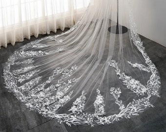 Floral lace wedding veil, Flower cathedral wedding veil, Embroidered lace bridal veil, Cathedral lace edge veil