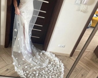 Veli da sposa cattedrale floreali 3D con pettine, applicazioni di petali di fiori, velo da sposa extra lungo in pizzo floreale