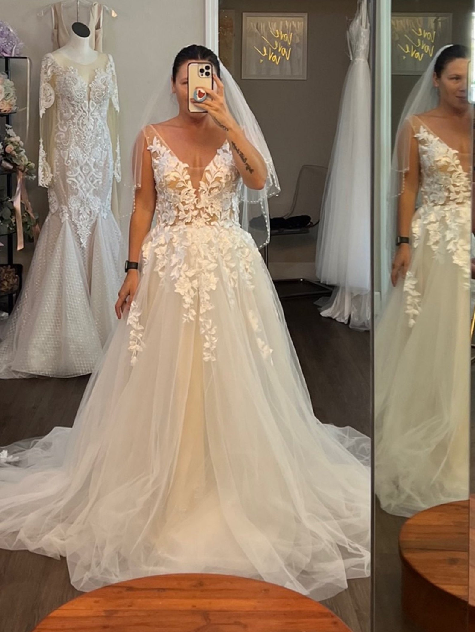 Trendy V Neck Appliques Flowers Wedding Gown TWA4762 main image 1