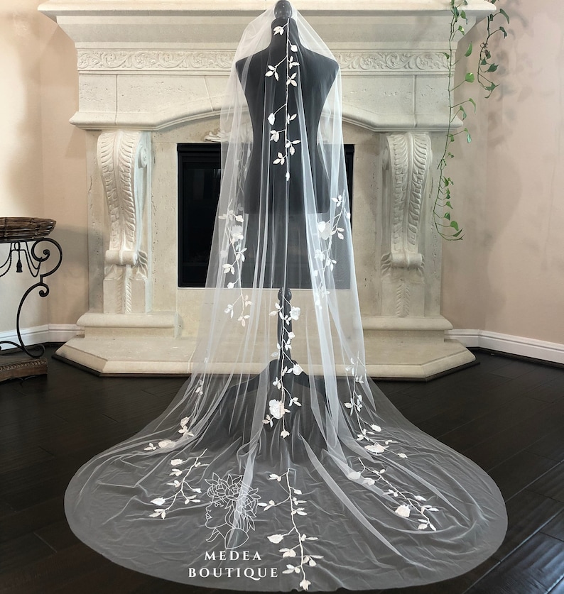 off-white botanic vine bridal wedding veil, embroidery lace flower appliques soft tulle veil, cathedral long veil image 1