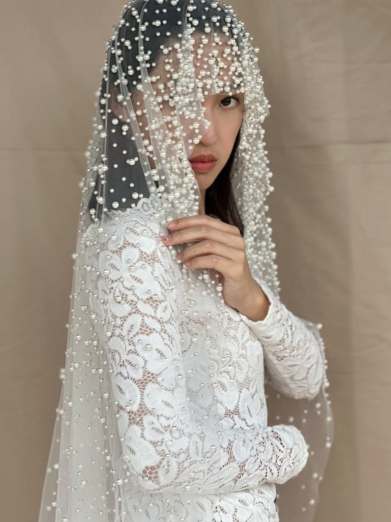 Luxury Pearl Cathedral Wedding Veil | White Pearl Hijab Veil  display picture 2