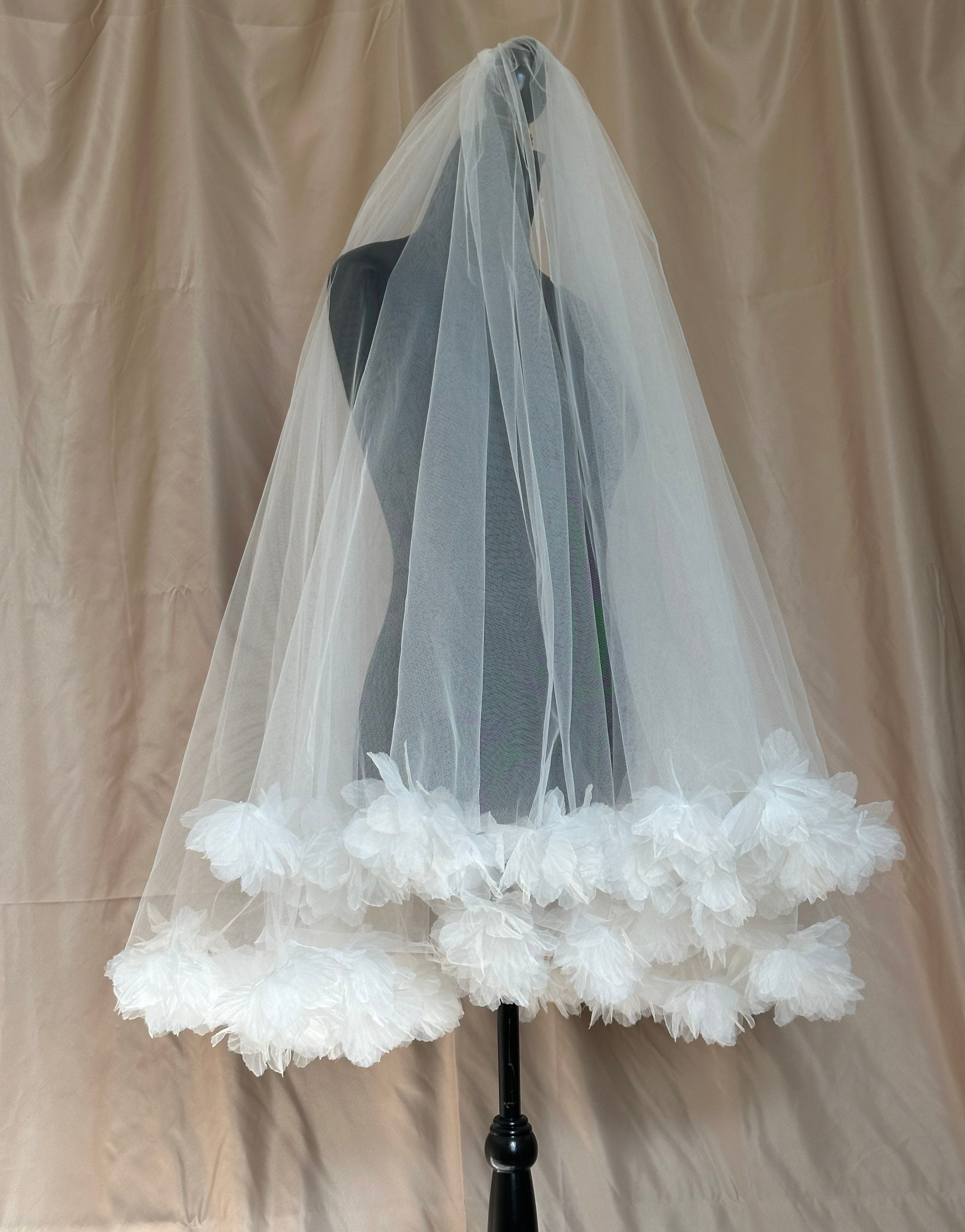 3D Floral Veil, fingertip length, 40”/100cm 3D Flower Wedding Veil Flower Petals and Pearls Boho Wedding  main image 3