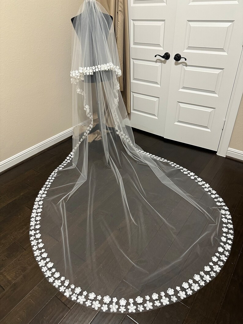 Wedding Veil With Flower Petal Hem Floral Bridal Veil Wide Etsy
