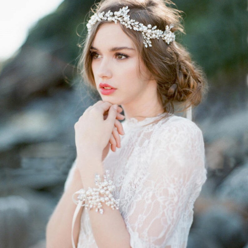 HARPER Pearl Beads and Rhinestone Hair Vine Bridal Headband Etsy