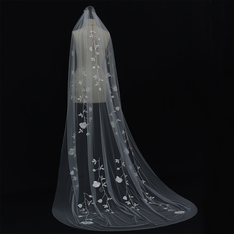 off-white botanic vine bridal wedding veil, embroidery lace flower appliques soft tulle veil, cathedral long veil image 6