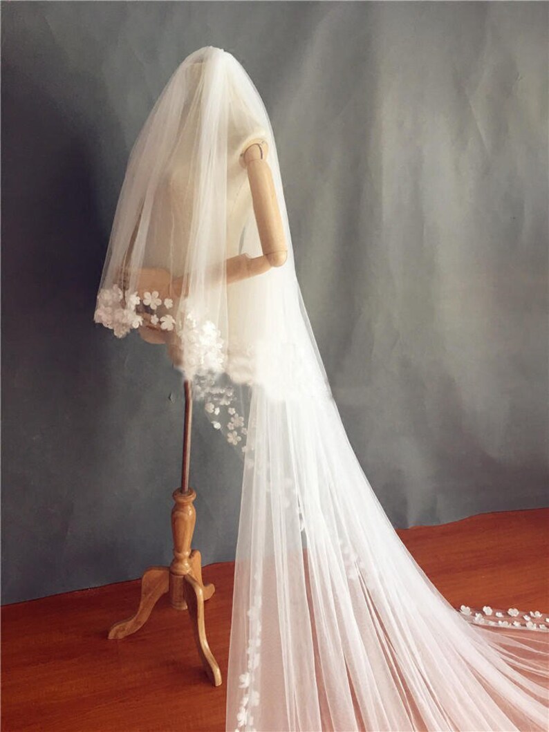 Wedding Veil With Flower Petal Hem Floral Bridal Veil Wide Etsy