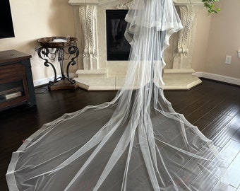 Horsehair Drop Veil 2" Crinoline Edge, Fingertip Wedding Veil with Blusher, 2 tier Cathedral Horsehair Trim Veil for Classic Wedding Look