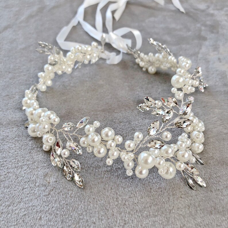 HARPER Pearl Beads and Rhinestone Hair Vine Bridal Headband Etsy