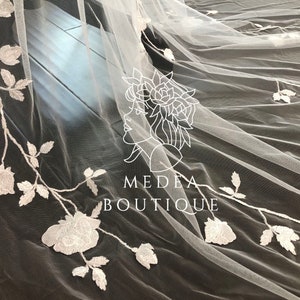 off-white botanic vine bridal wedding veil, embroidery lace flower appliques soft tulle veil, cathedral long veil image 2