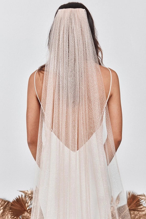 Simple Glitter Wedding Veil, One Layer Sparkly Bridal Veil, White 