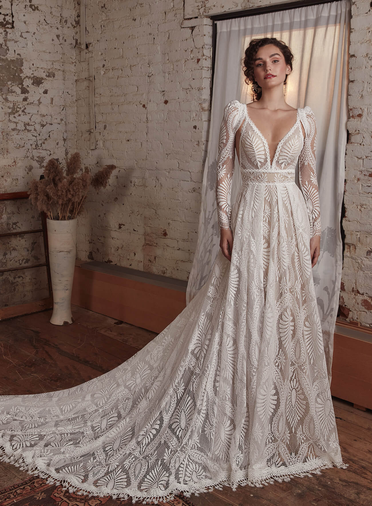 floral lace wedding dress for boho weddings, open back bohemian wedding dress for rustic garden wedding, sleeves V neck long bridal gown