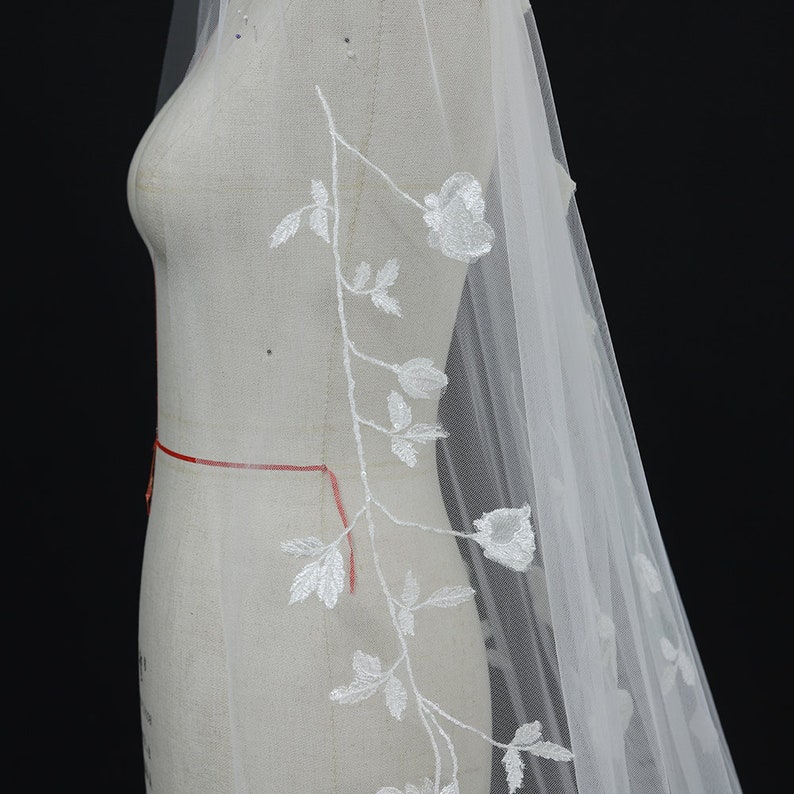 off-white botanic vine bridal wedding veil, embroidery lace flower appliques soft tulle veil, cathedral long veil image 7